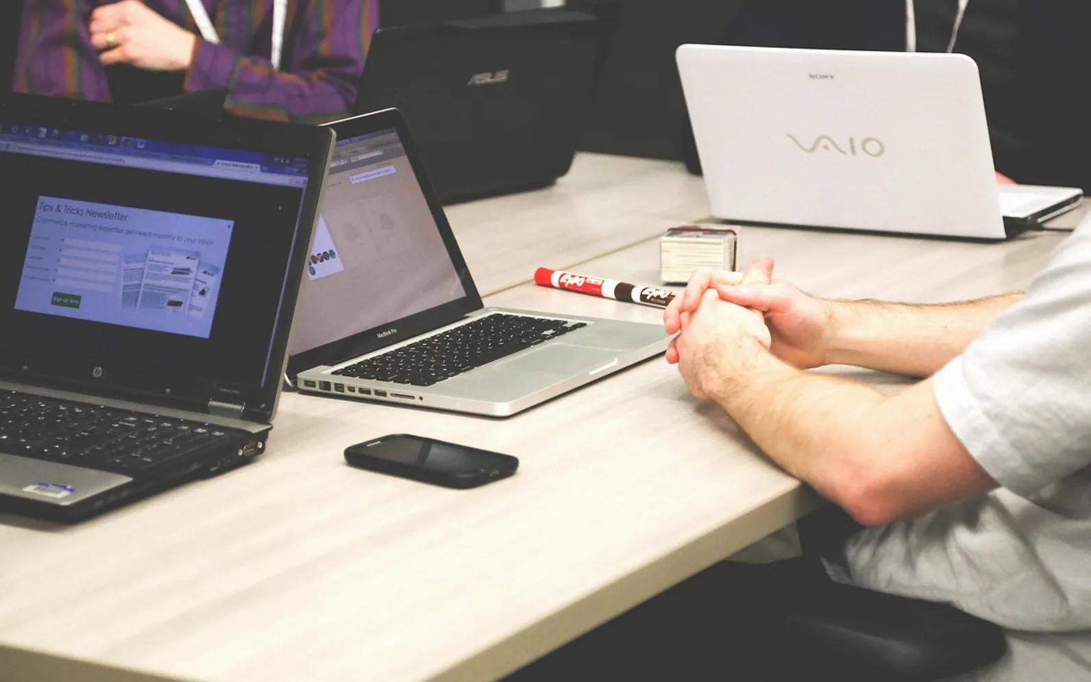 Laptops, meeting and businessmen