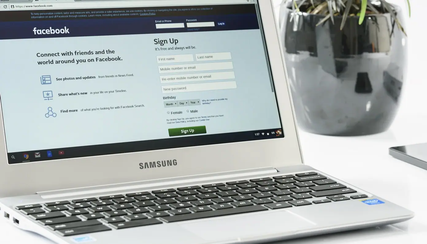 Facebook login, office and beautiful flowers